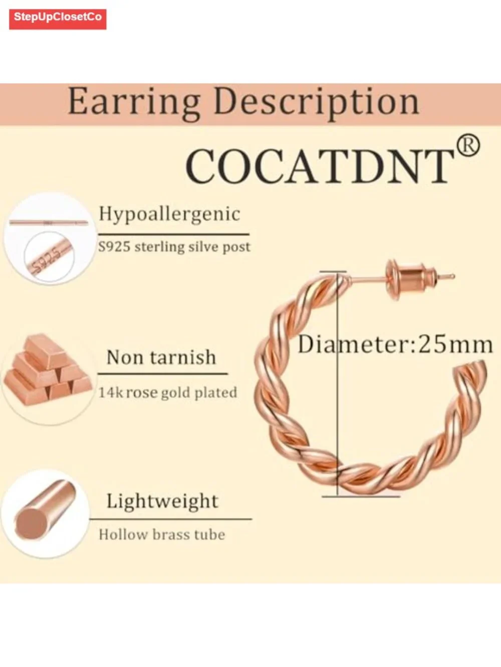 Sterling Silver Post 14K Gold Plated Twisted Hoop Earrings Hypoallergenic Gift